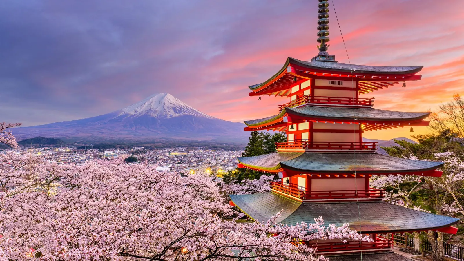 Chureito Pagoda and Mount Fuji framed by cherry blossoms at sunset